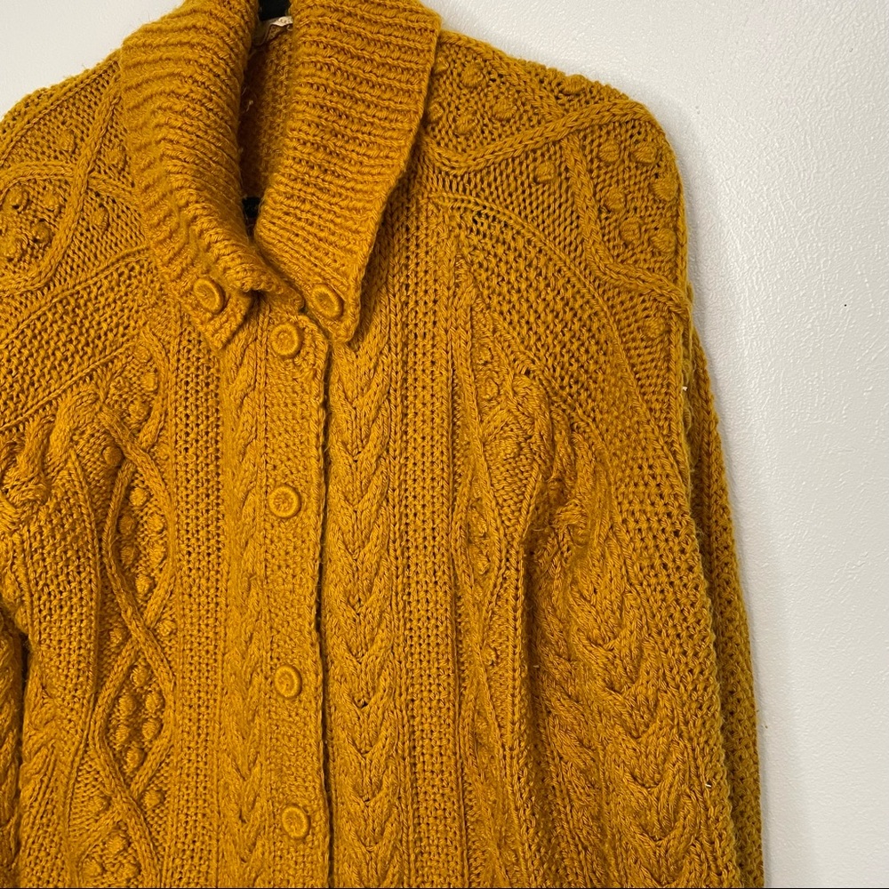 Hand Knit Heirloom Cable Sweater Large Mustard Gold Cardigan